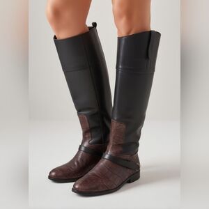 Golden Goose Black Brown Croc Embossed Leather Tall Knee High Riding Boots 38 7